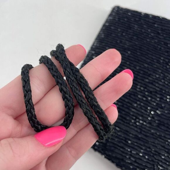 Vintage Beaded Snap Flap Corded Strap Clutch Shoulder Bag Black Small Flapper - Picture 6 of 14